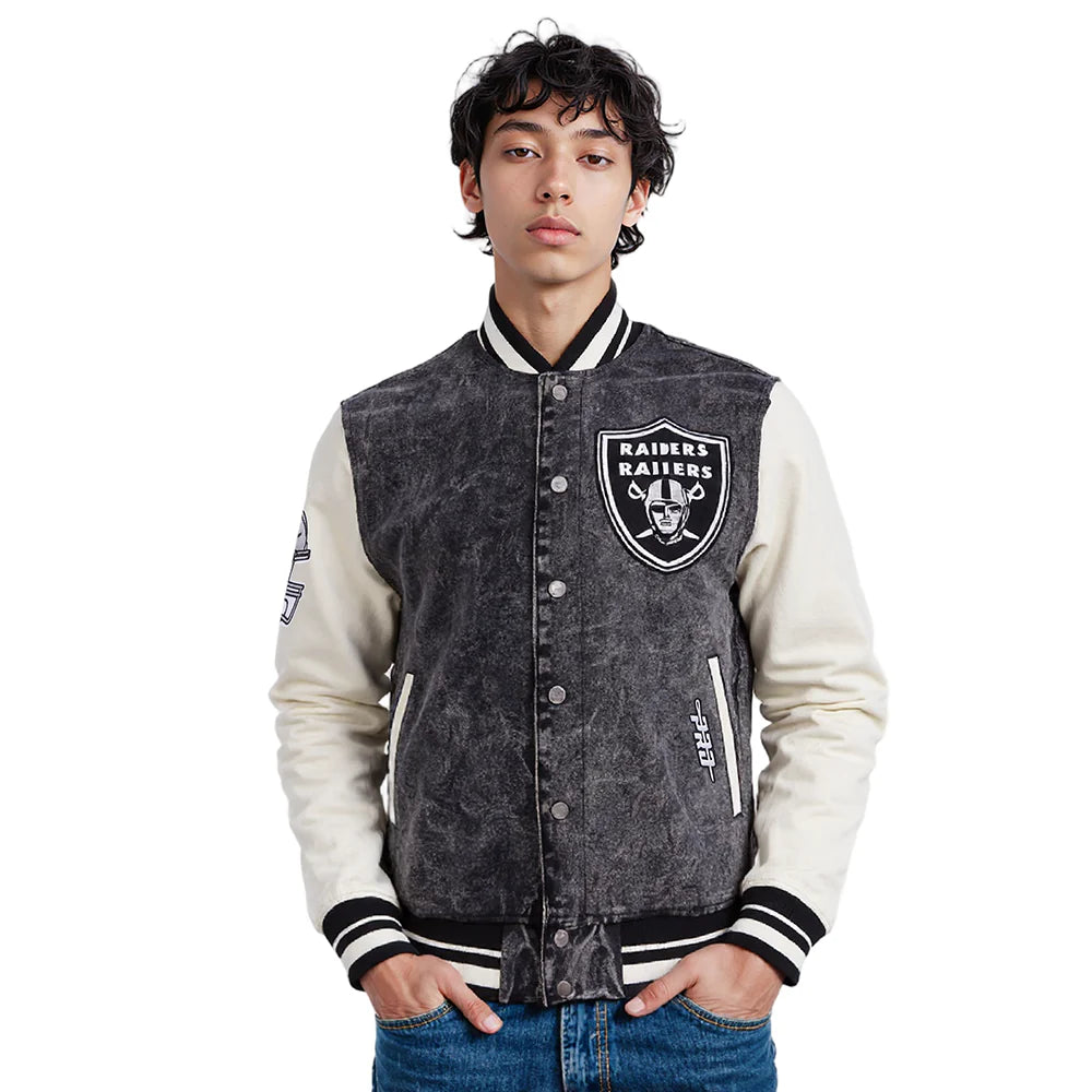 NFL LAS VEGAS RAIDERS REBEL ATHLETICS MEN'S DENIM VARSITY JACKET