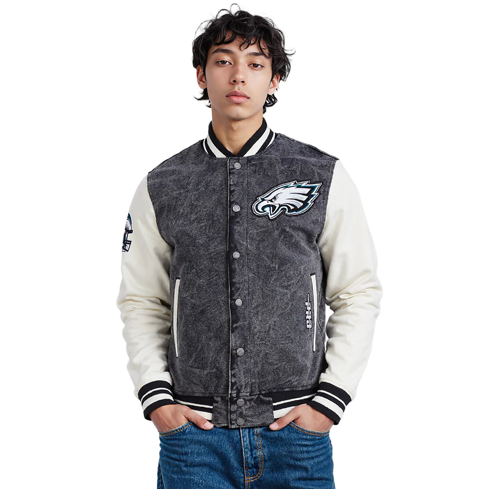 NFL PHILADELPHIA EAGLES REBEL ATHLETICS MEN'S DENIM VARSITY JACKET