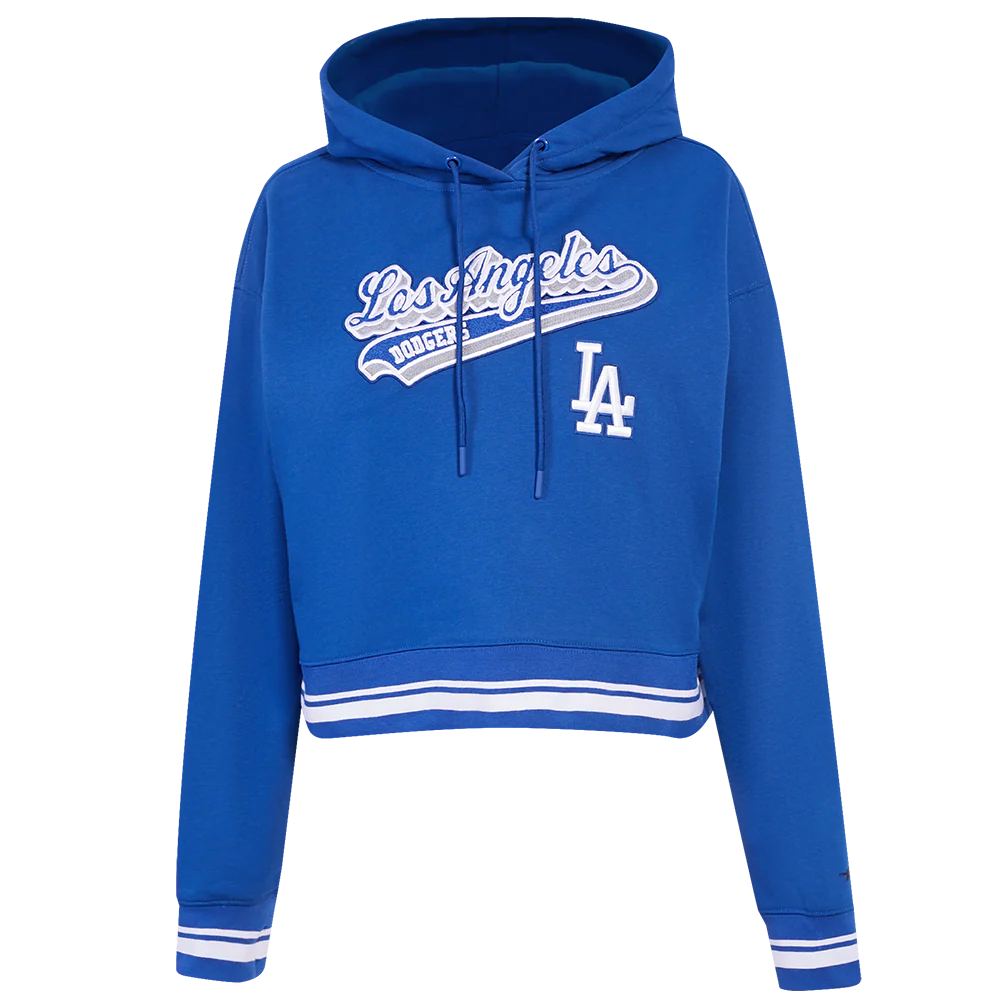 MLB LOS ANGELES DODGERS SCRIPT TAIL WOMEN'S RIB FLEECE CROPPED PULLOVER HOODIE
