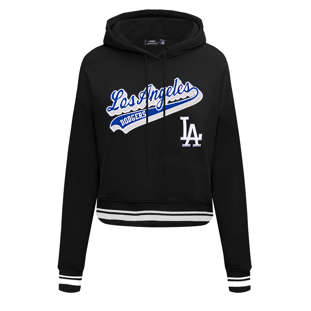 MLB LOS ANGELES DODGERS SCRIPT TAIL WOMEN'S RIB FLEECE CROPPED PULLOVER HOODIE