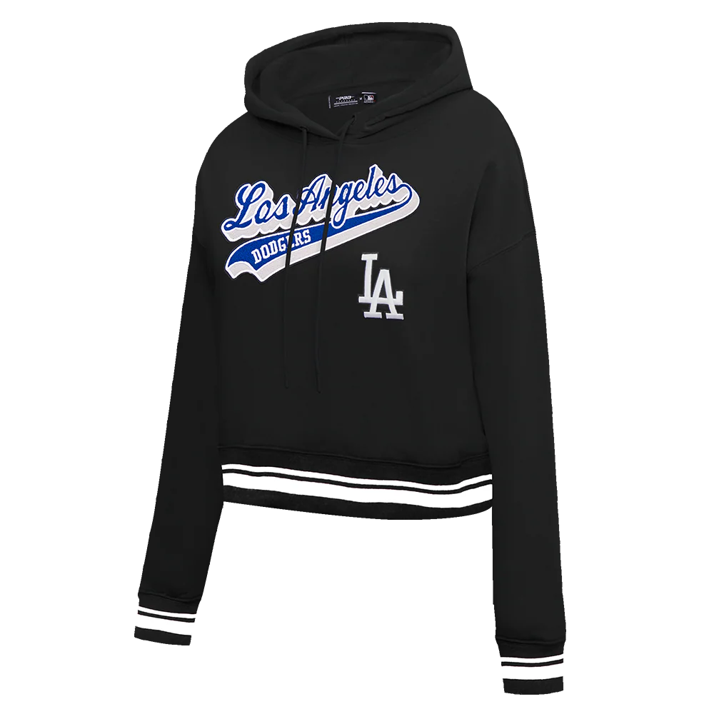 MLB LOS ANGELES DODGERS SCRIPT TAIL WOMEN'S RIB FLEECE CROPPED PULLOVER HOODIE